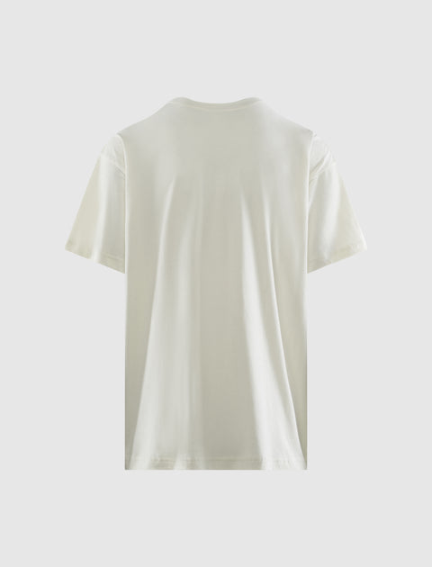 Back view of plain bone-colored short sleeve t-shirt on white background