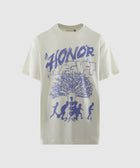 White streetwear graphic tee with blue 'Honor the Gift' text, tree, and running figures print