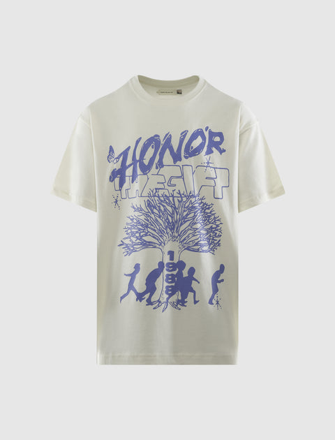White streetwear graphic tee with blue 'Honor the Gift' text, tree, and running figures print