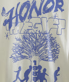 Cream streetwear t-shirt with blue 'Honor The Gift' graphic, tree, butterfly, silhouettes, 1988