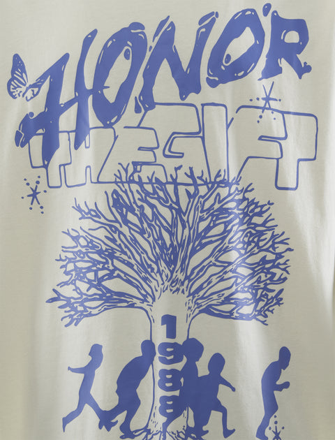 Cream streetwear t-shirt with blue 'Honor The Gift' graphic, tree, butterfly, silhouettes, 1988