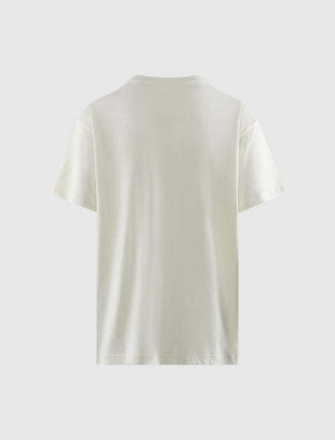 Back view of plain bone-colored men's short sleeve streetwear t-shirt on white background