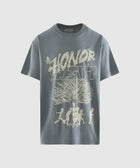 Grey streetwear t-shirt with 'Honor the Gift' slogan, tree graphic, and running figures design.