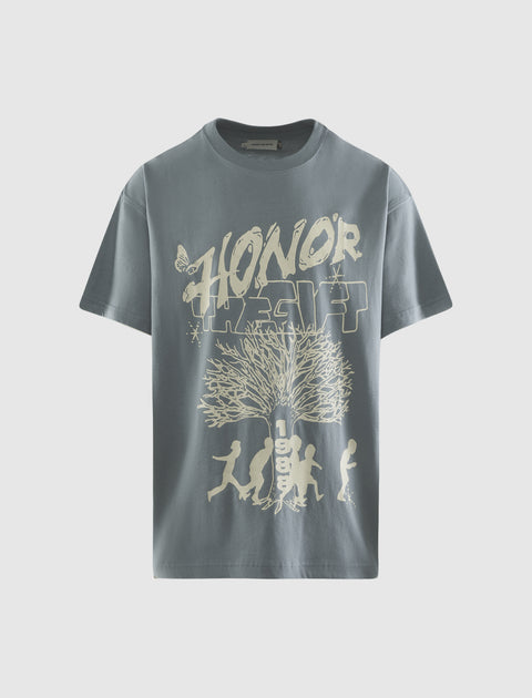 Grey streetwear t-shirt with 'Honor the Gift' slogan, tree graphic, and running figures design.