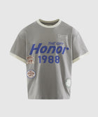 Gray men's streetwear t-shirt with blue Honor 1988 text and graphic patches on front
