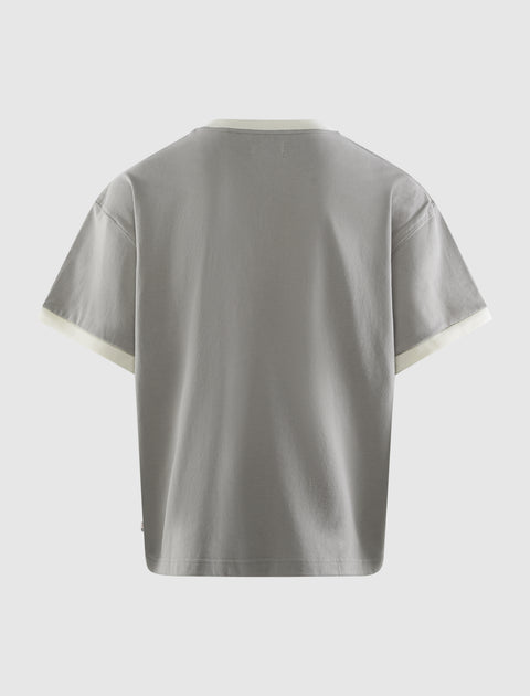 Stone grey short sleeve t-shirt with white trim, back view, streetwear apparel