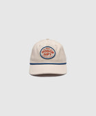 Beige baseball cap with embroidered HONOR GIFT patch, blue trim, streetwear style