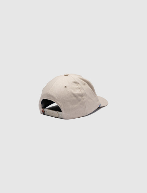 Beige snapback cap with adjustable strap, rear view, men's streetwear accessory