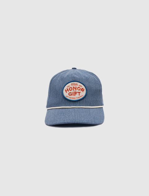Denim baseball cap with Honor Gift patch and white trim, men's streetwear accessory