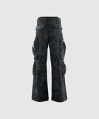 Black acid wash cargo pants with multiple flap pockets, rear view