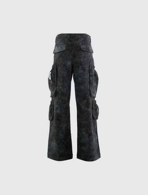 Black acid wash cargo pants with multiple flap pockets, rear view