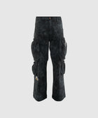 Black washed cargo pants with large side pockets and small embroidered detail on leg