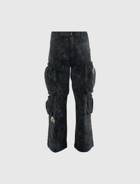 Black washed cargo pants with large side pockets and small embroidered detail on leg