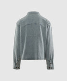 Back view of a light blue denim jacket with buttoned cuffs and classic collar