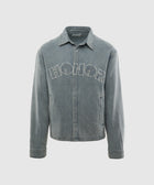 Denim jacket with HONOR text embroidered on front, collared, front pockets, streetwear style