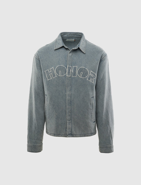 Denim jacket with HONOR text embroidered on front, collared, front pockets, streetwear style