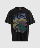 Black streetwear graphic t-shirt with colorful 'Honor Community Arts Since 1988' print.