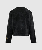 Back view of black long sleeve men's streetwear top with subtle washed texture and sleeve embroidery