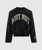 Black men's streetwear jacket with 'WHY NOT' text and embroidery on the sleeve