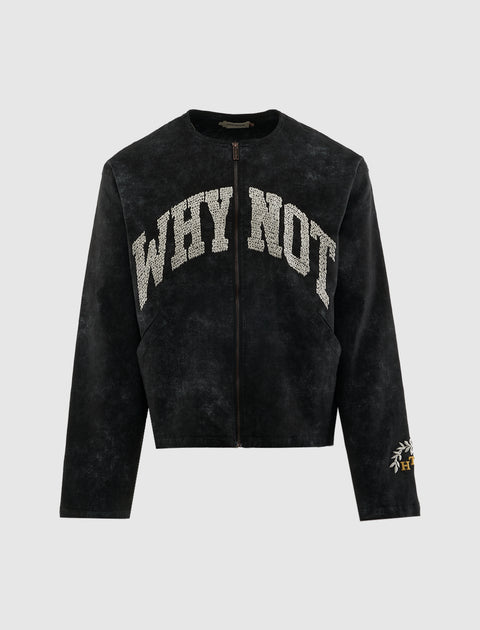 Black men's streetwear jacket with 'WHY NOT' text and embroidery on the sleeve