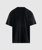Back view of plain black short sleeve men's streetwear t-shirt on light background