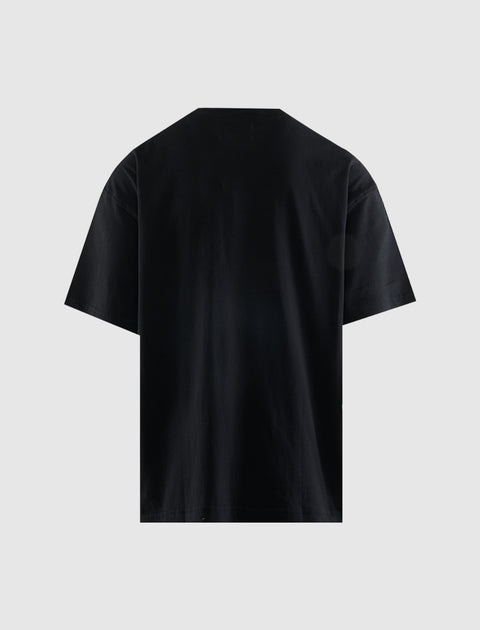 Back view of plain black short sleeve men's streetwear t-shirt on light background