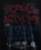 Black streetwear t-shirt with colorful 'Creative Activities' and 'Honor the Gift' graphic text