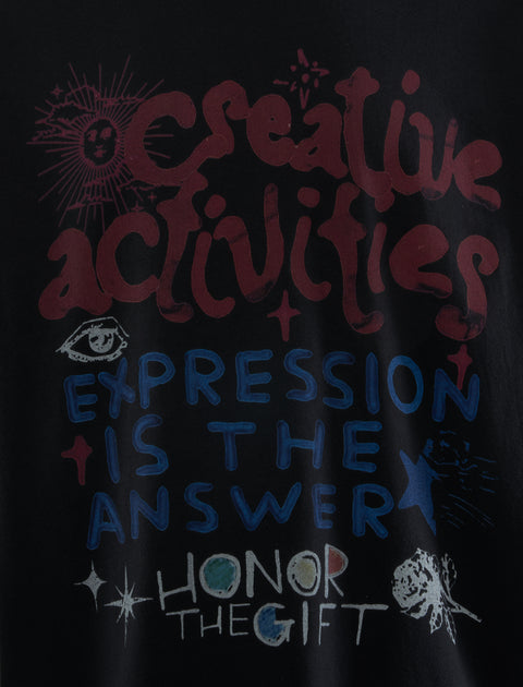 Black streetwear t-shirt with colorful 'Creative Activities' and 'Honor the Gift' graphic text