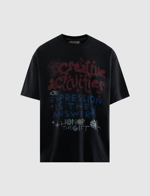 Black streetwear graphic t-shirt with colorful 'Creative Activities' and 'Honor The Gift' text design