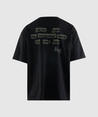 Black streetwear t-shirt with bold graffiti-style back text graphic on plain background
