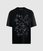 Black streetwear t-shirt with graphic print, abstract design, and cut-out letter details