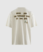 Back of a white streetwear t-shirt with bold black text graphic and short sleeves