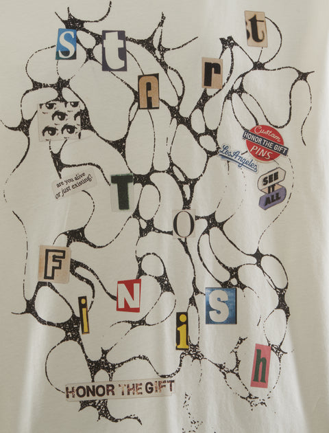 Graphic white streetwear T-shirt with mixed-font 'Start to Finish' text and abstract black pattern.