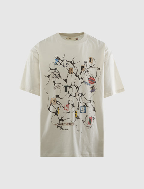 White streetwear t-shirt with abstract black print and colorful 'Start to Finish' graphic text
