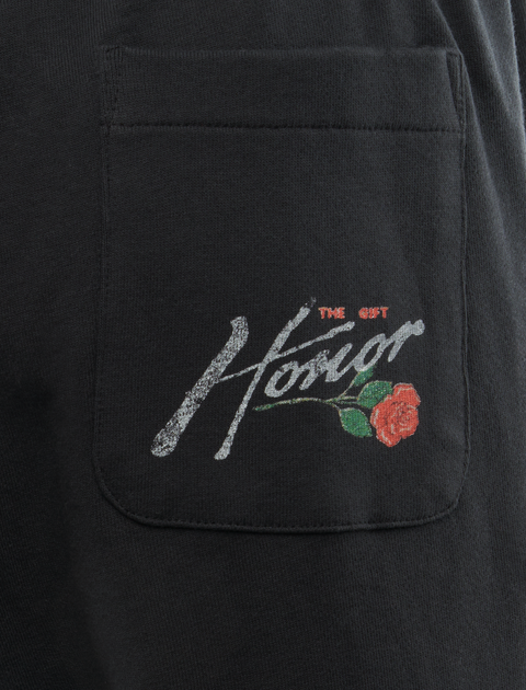 Black streetwear shirt pocket with 'Honor' script and red rose graphic print