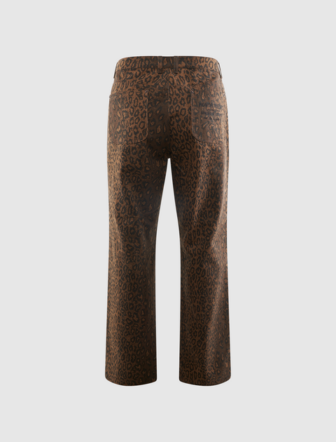 Back view of men's brown leopard print straight leg pants with patch pockets