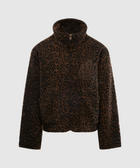 Brown leopard print fleece jacket with zip front and high collar, streetwear style.