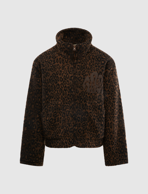 Brown leopard print fleece jacket with zip front and high collar, streetwear style.