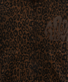 Close-up of brown leopard print fleece jacket with abstract patch detail