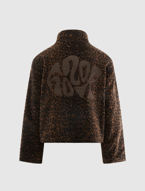 Brown leopard print men's streetwear jacket with abstract graphic on back
