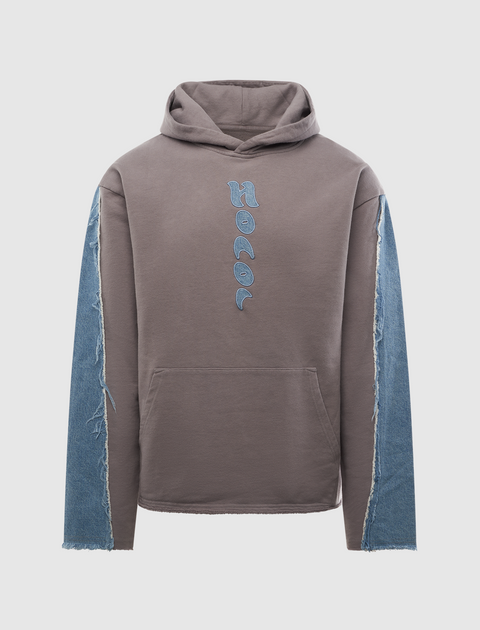 Gray men's hoodie with blue denim sleeves and 'Honor' text embroidered on front