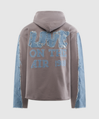 Gray hooded streetwear sweatshirt with blue denim sleeves and Live On The Air 1988 text on back