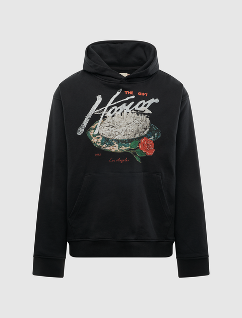 Black streetwear hoodie with 'Honor' graphic, cityscape, rose, and Los Angeles text on front
