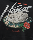 Black hoodie with Honor graphic, cityscape, red rose, and Los Angeles 1988 text