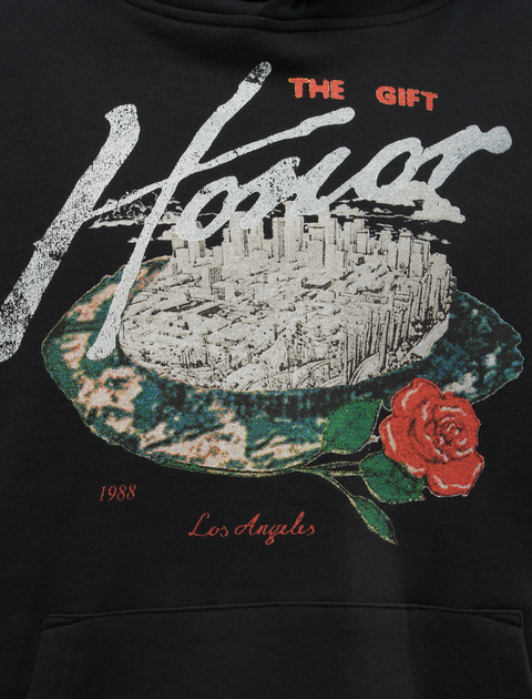 Black hoodie with Honor graphic, cityscape, red rose, and Los Angeles 1988 text