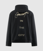 Black streetwear hoodie with 'Concert in the City' text on back, men's apparel