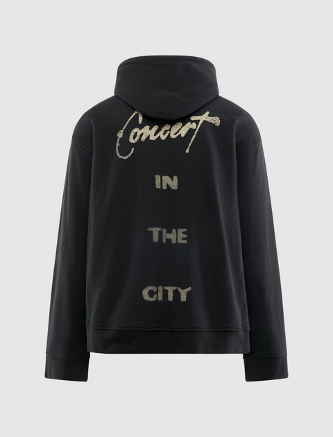 Black streetwear hoodie with 'Concert in the City' text on back, men's apparel