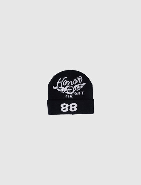 Black beanie hat with 'Honor The Gift' logo and white 88 number, men's streetwear accessory