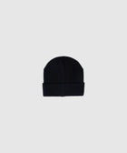 Black cuffed beanie hat on a plain grey background, men's streetwear accessory