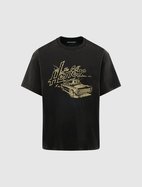 Black streetwear graphic t-shirt with vintage car and bold 'The Gift Honor' print